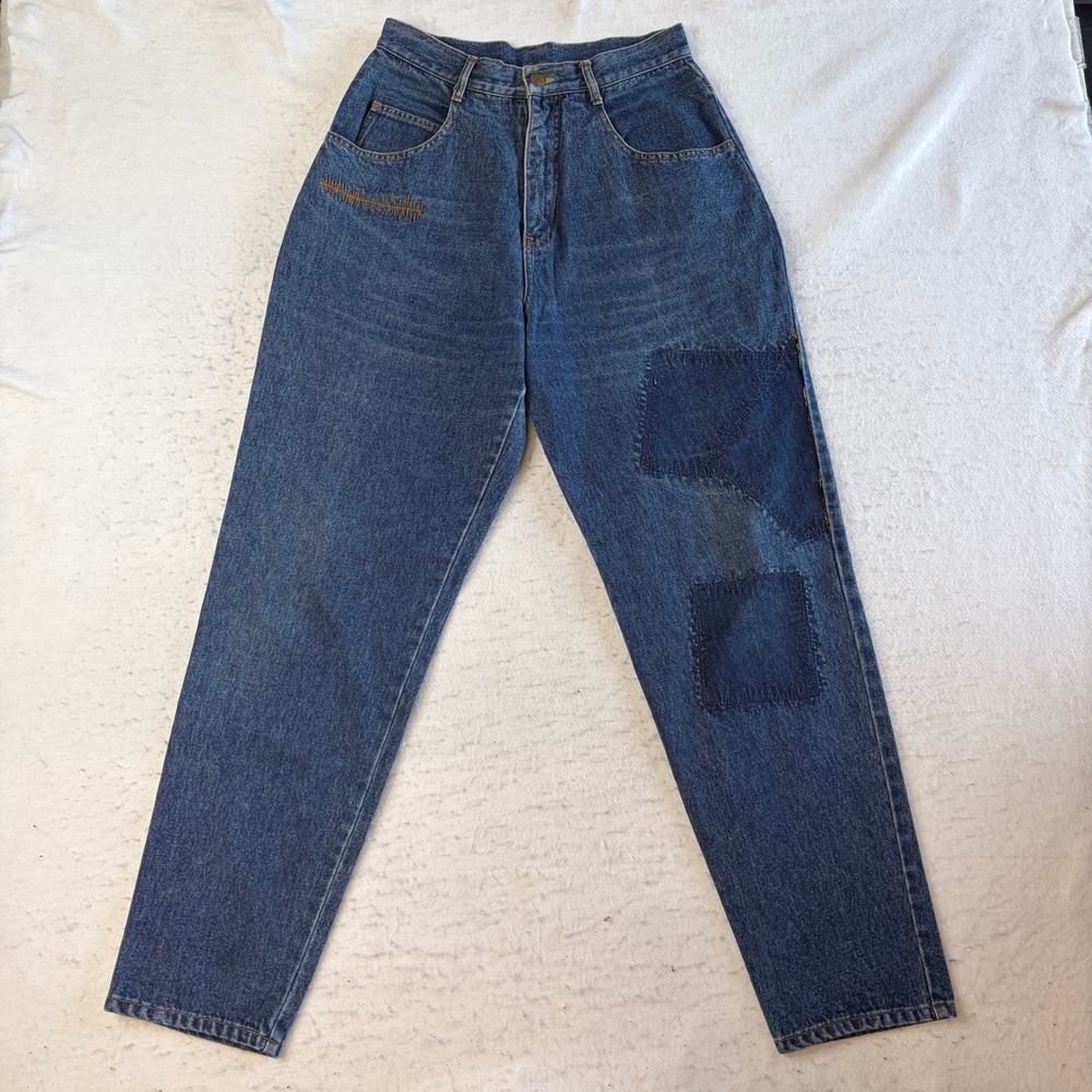 Vintage Patchwork Mom Jeans Womens 26 Blue Denim Patched High Rise Straight Leg